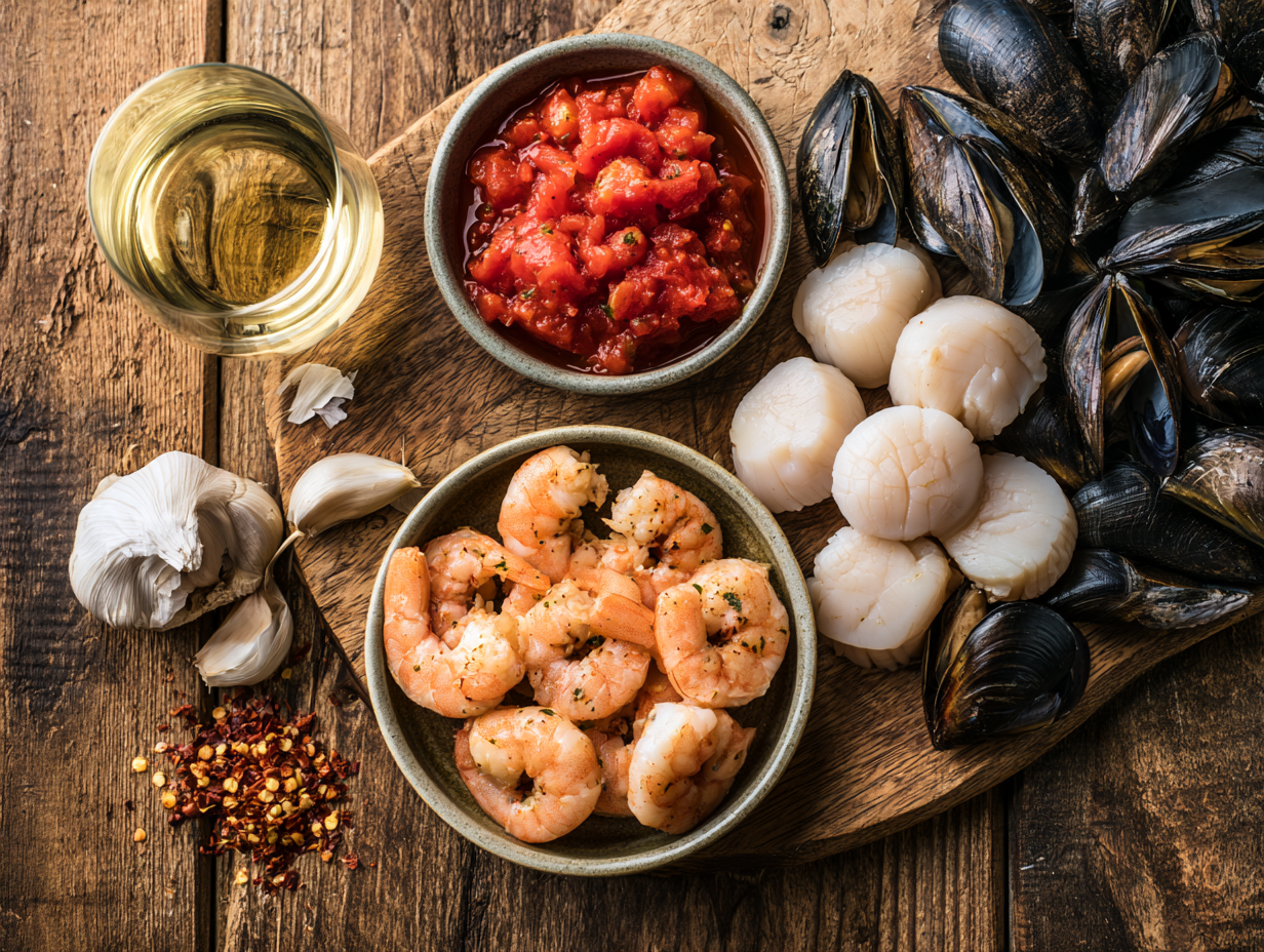 Keto Seafood Fra Diavolo ingredients flat lay