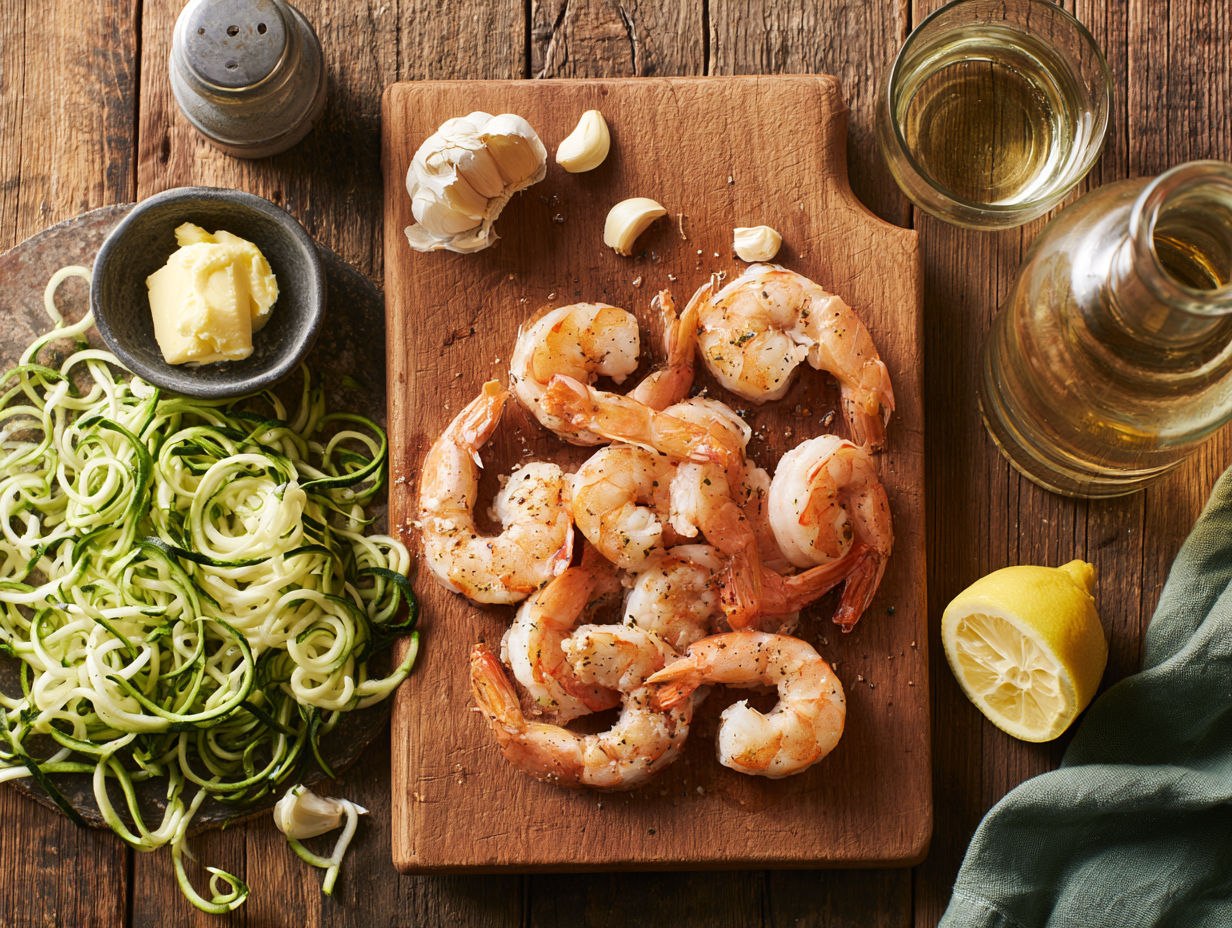 Keto Shrimp Scampi ingredients flat lay