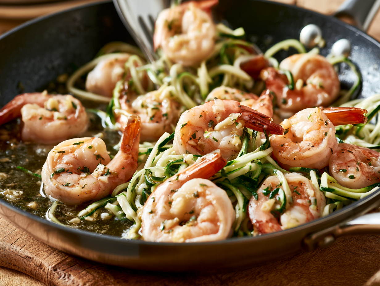 Keto Shrimp Scampi tossed with zucchini noodles in garlic butter sauce
