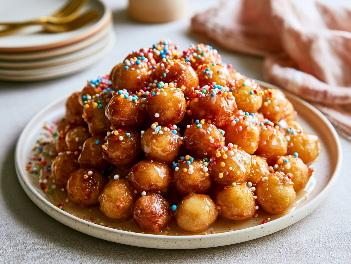 Keto Struffoli piled and coated in syrup