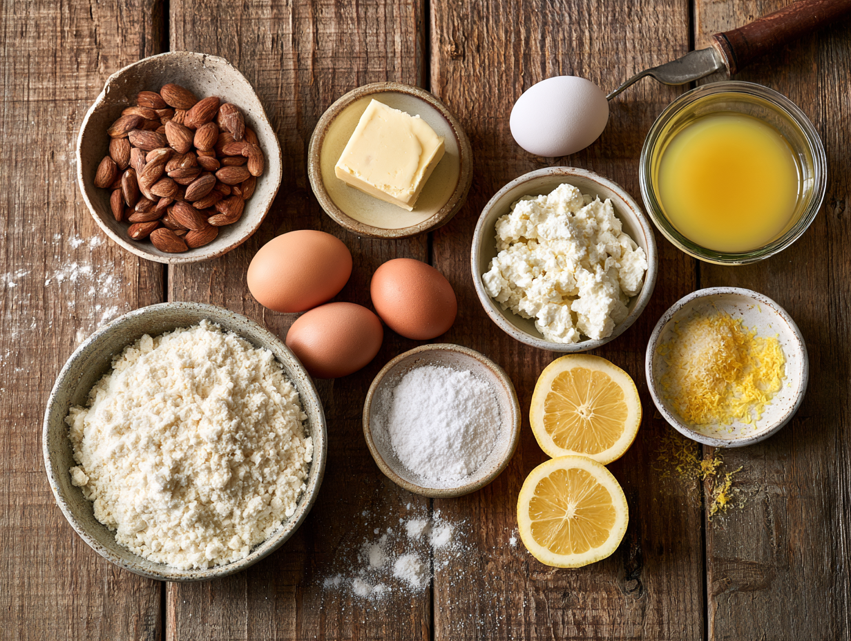 Lemon Ricotta Cake ingredients flat lay