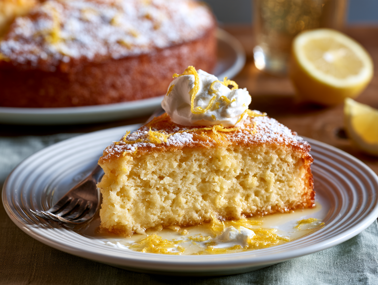 Lemon Ricotta Cake slice garnished with lemon zest