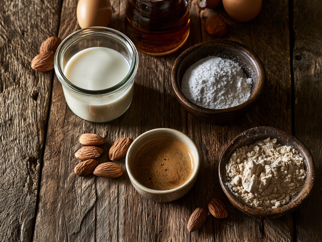 Low-Carb Almond Milk Latte ingredients flat lay