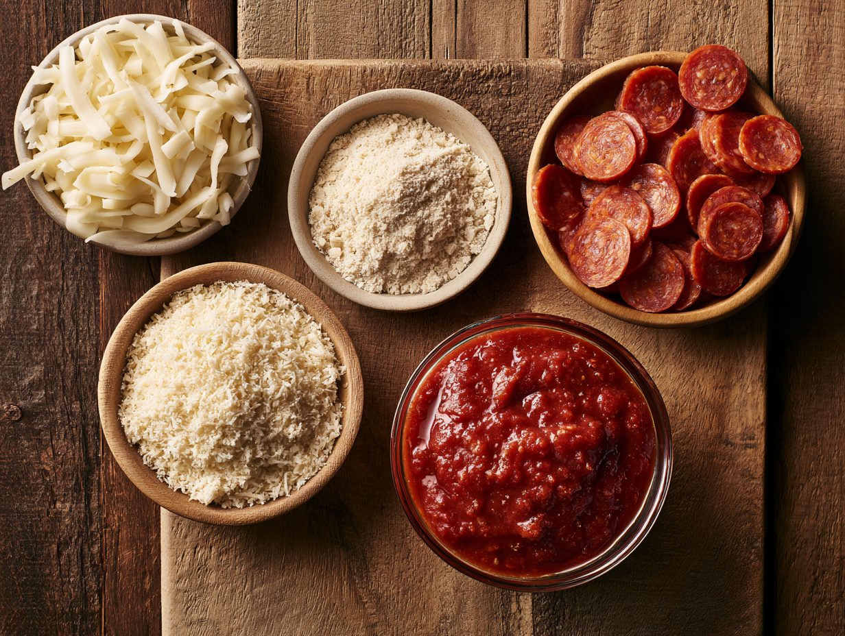 Low-Carb Pizza Bites ingredients flat lay