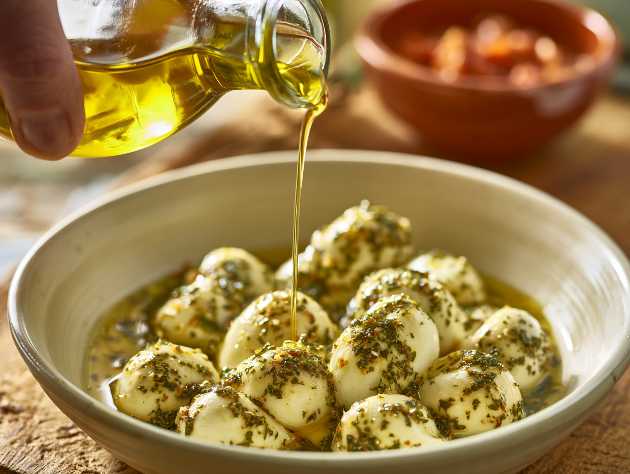 Marinated Mozzarella Balls being marinated