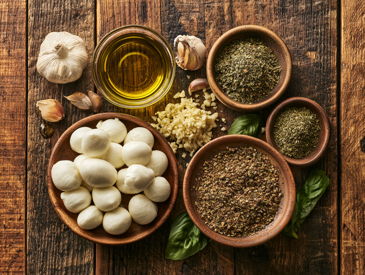Marinated Mozzarella Balls ingredients flat lay