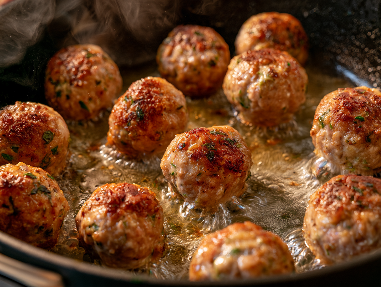 Meatballs browning for Italian Wedding Soup