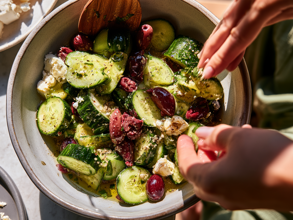 Mediterranean Cucumber Salad being tossed