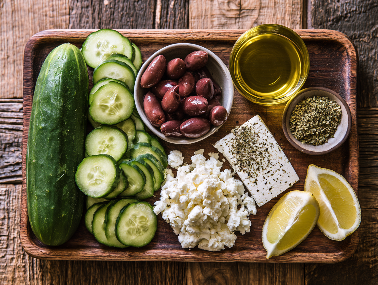 Mediterranean Cucumber Salad ingredients flat lay