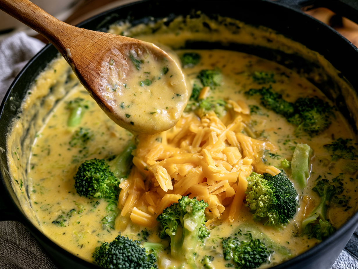 Melting cheddar into Keto Broccoli Cheese Soup