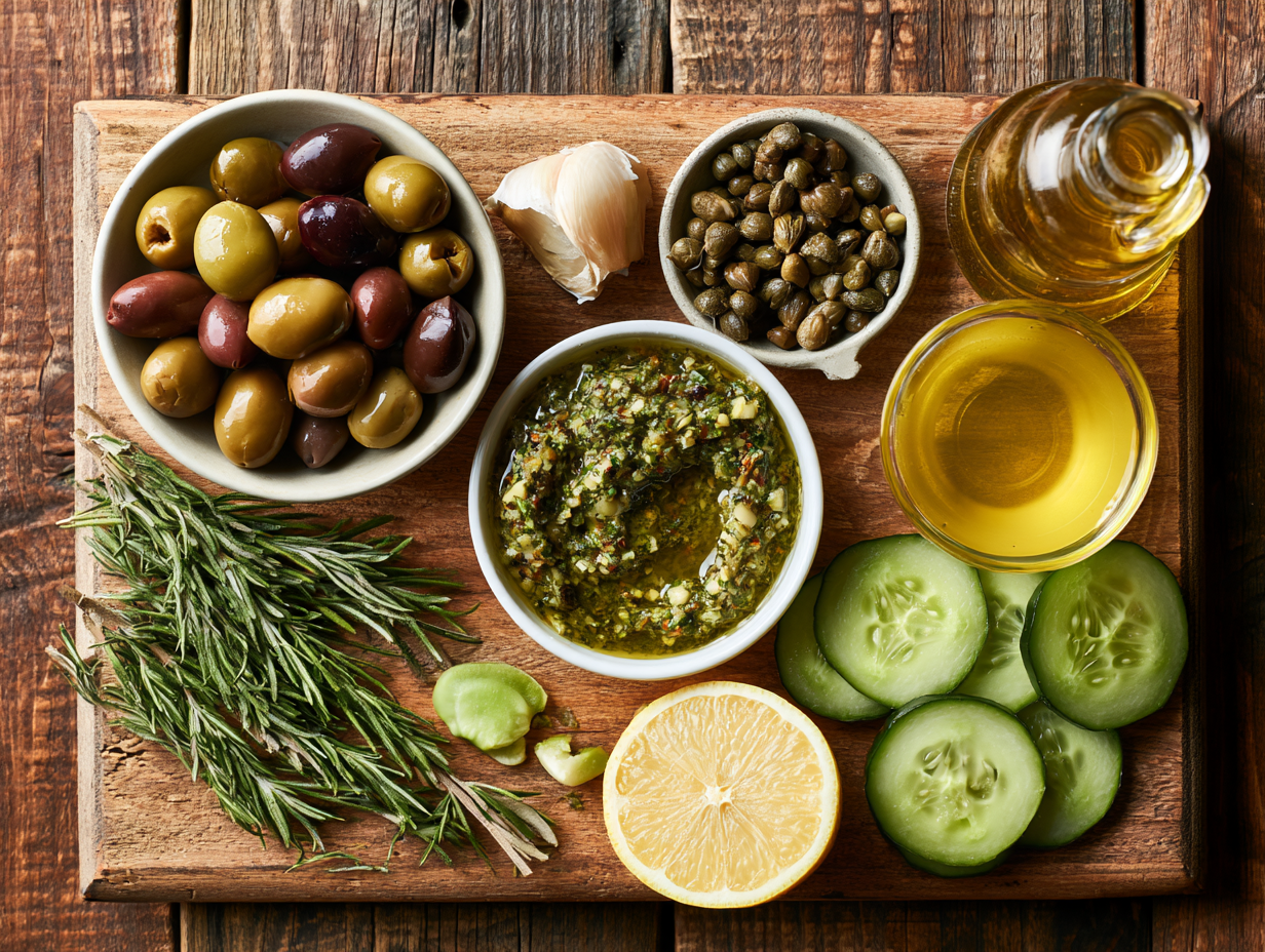 Olive Tapenade with Cucumber Slices ingredients flat lay