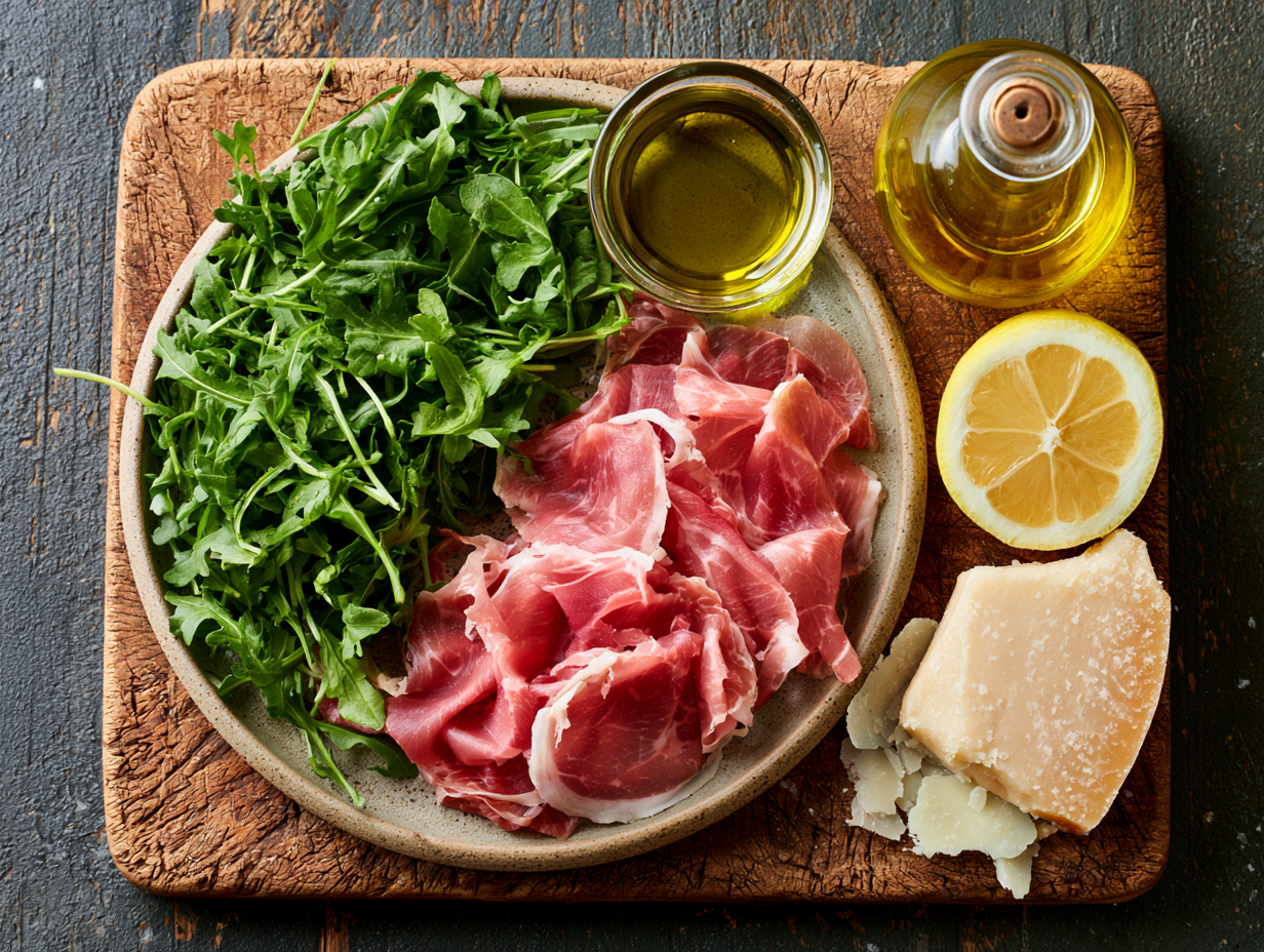Prosciutto and Arugula Salad ingredients flat lay
