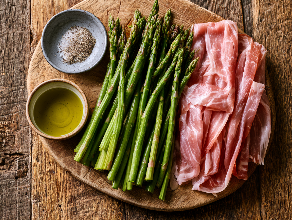 Prosciutto-Wrapped Asparagus ingredients flat lay