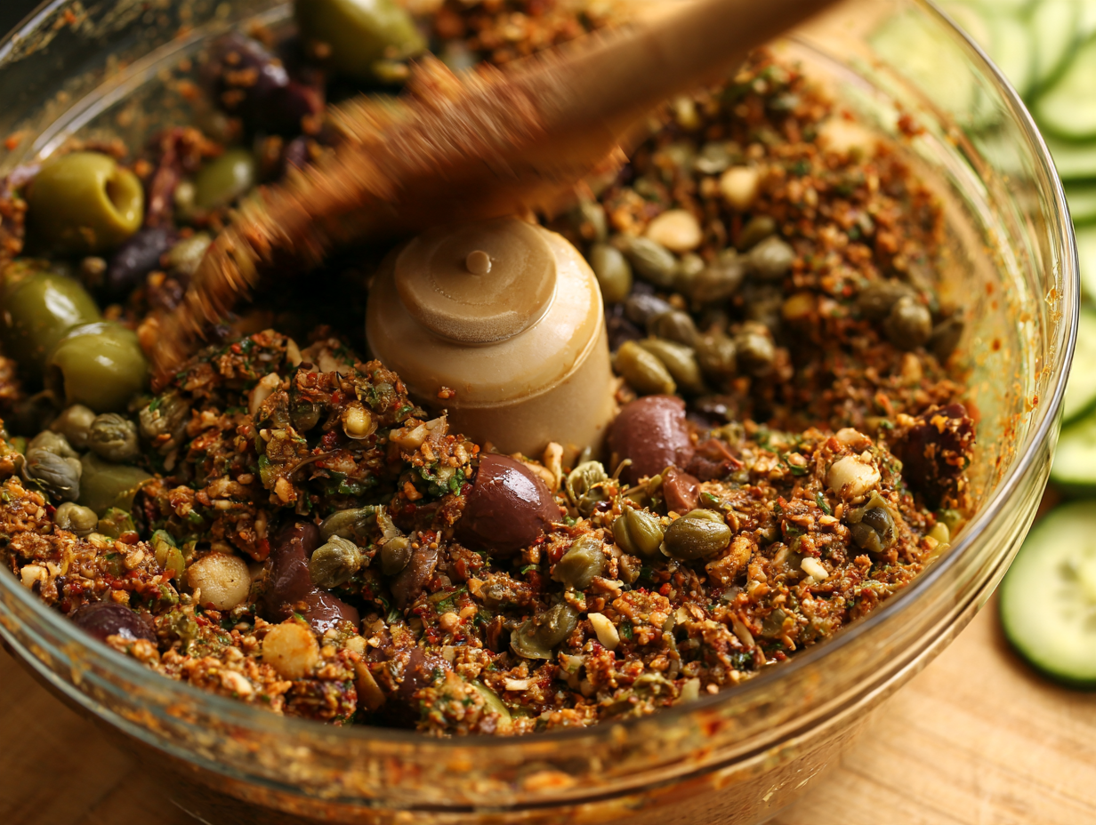 Pulsing olive tapenade in a food processor