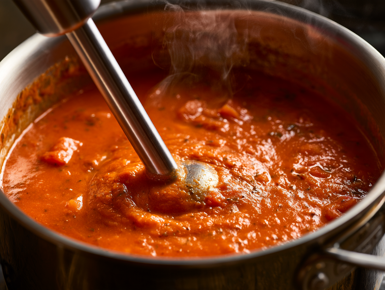 Pureeing Tomato Basil Soup with an immersion blender
