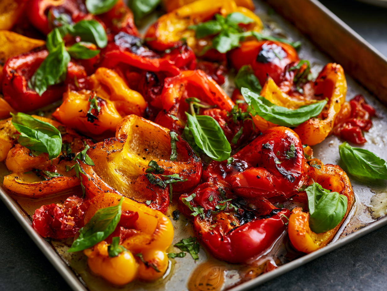 Roasted Bell Peppers being topped with basil