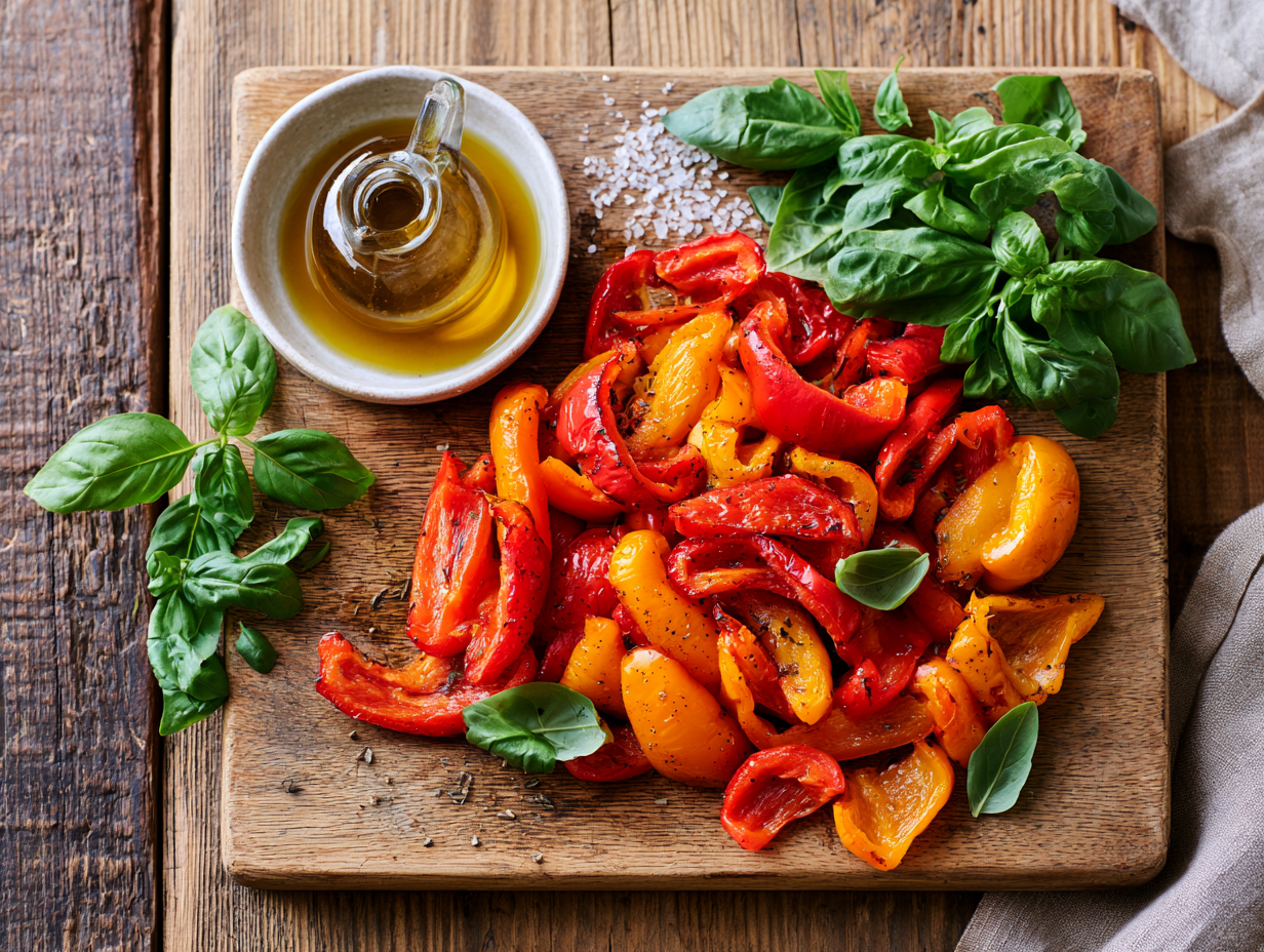 Roasted Bell Peppers with Basil and Olive Oil ingredients flat lay