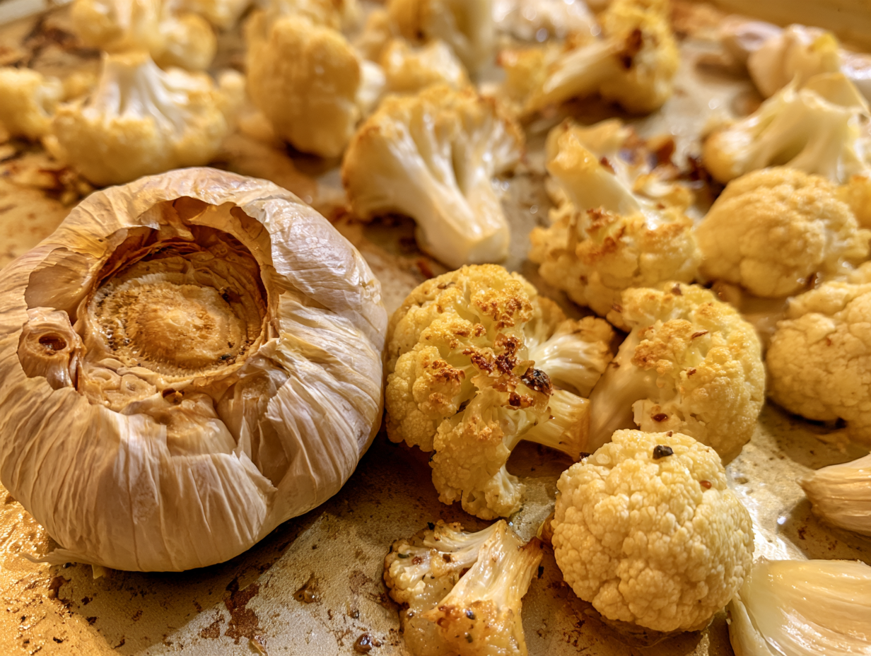 Roasted garlic and cauliflower on a baking sheet