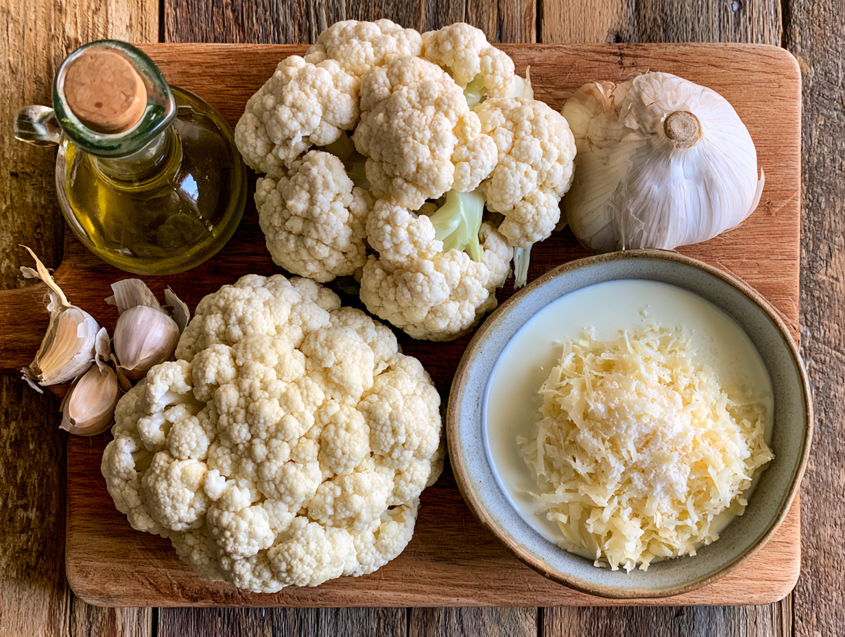 Roasted Garlic and Cauliflower Soup ingredients flat lay