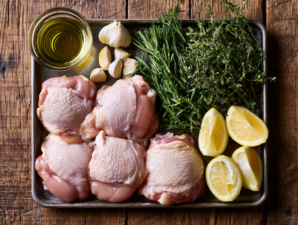 Roasted Garlic and Herb Chicken Thighs ingredients flat lay