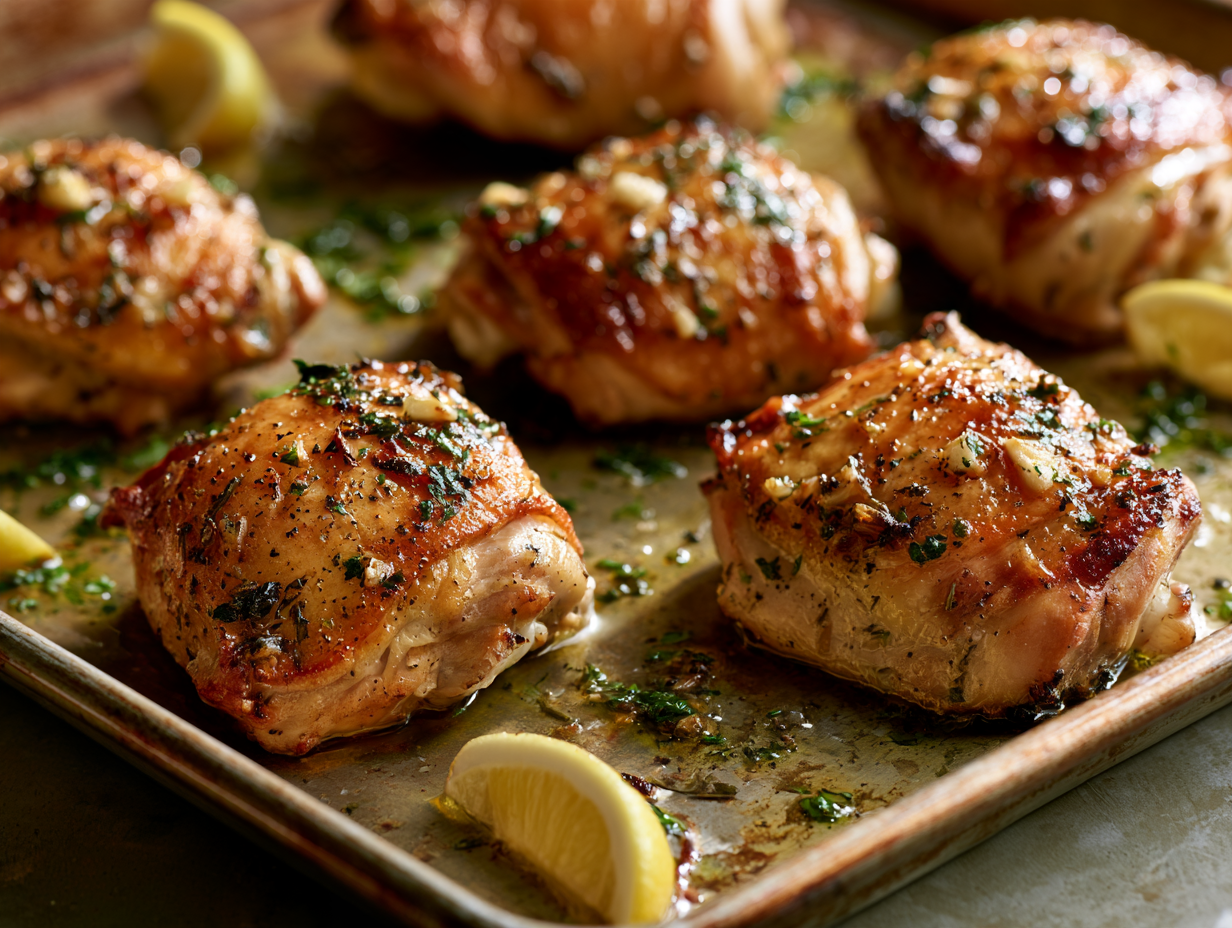 Roasted Garlic and Herb Chicken Thighs on baking sheet