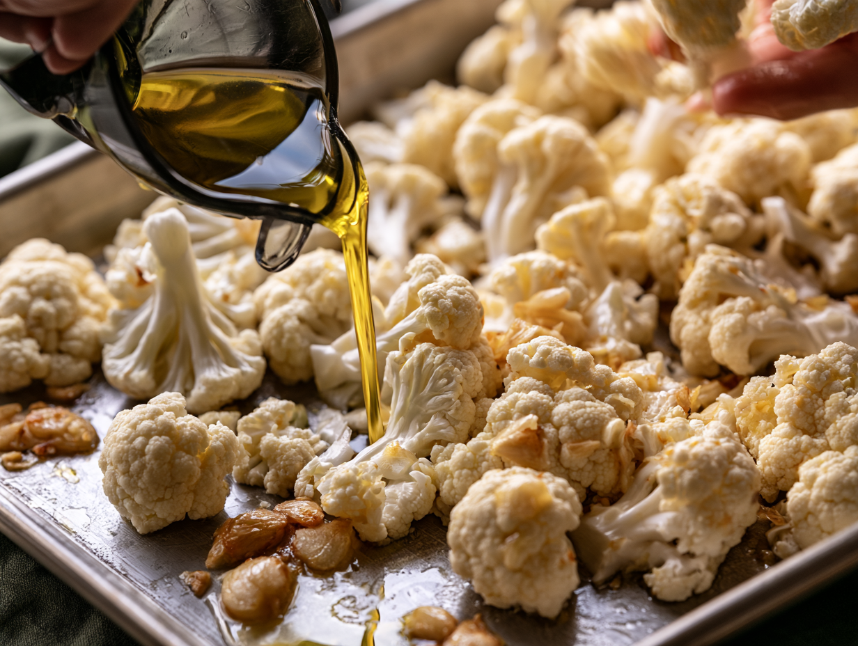 Roasted Garlic Parmesan Cauliflower being tossed