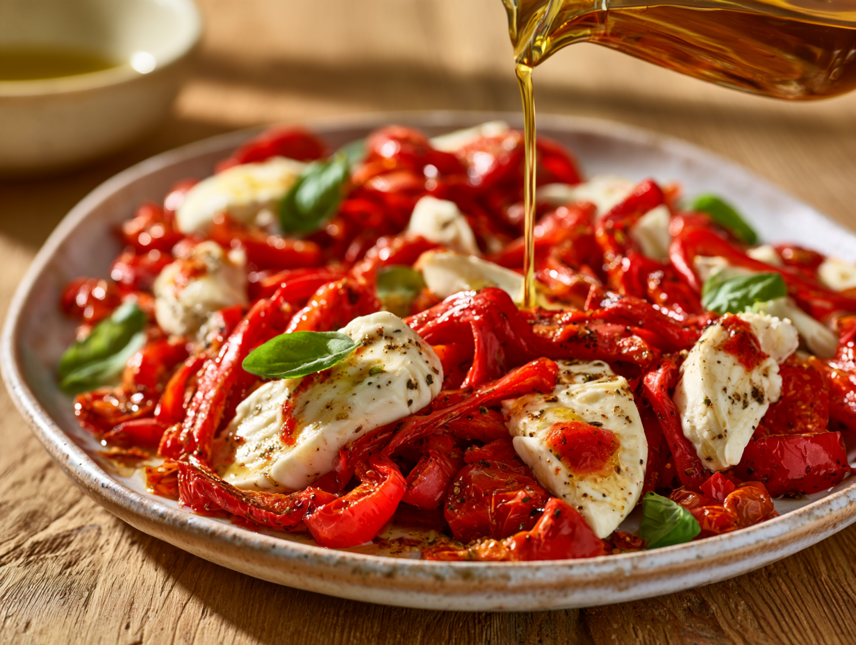 Roasted Pepper and Mozzarella Salad being arranged