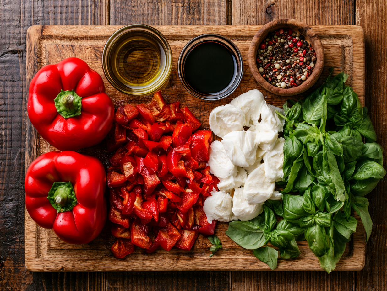 Roasted Pepper and Mozzarella Salad ingredients flat lay