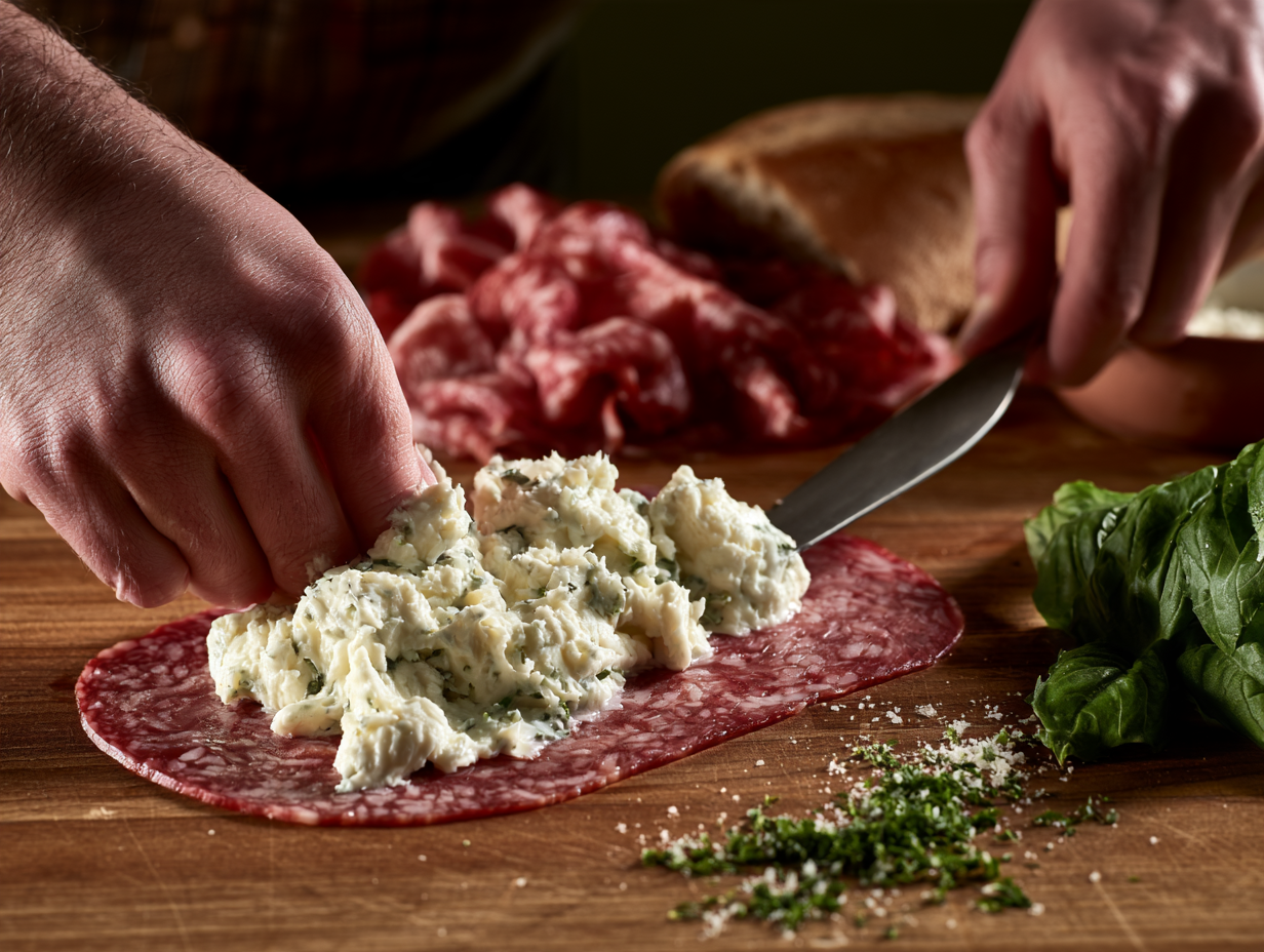Salami Roll-Ups with Cream Cheese being rolled
