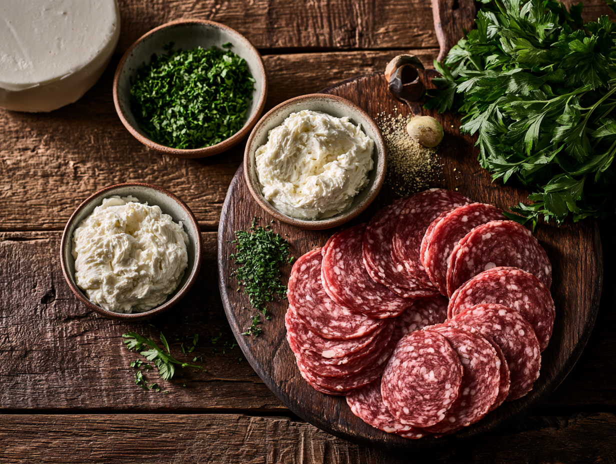 Salami Roll-Ups with Cream Cheese ingredients flat lay