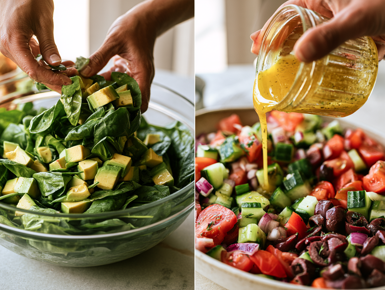 Spinach and Avocado Salad being tossed
