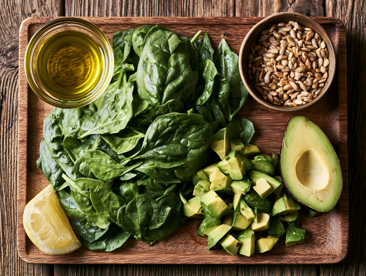 Spinach and Avocado Salad ingredients flat lay