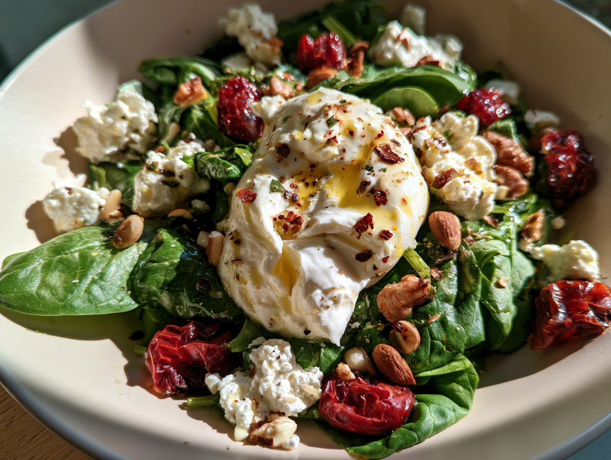 Spinach and Ricotta Salad being dolloped with ricotta