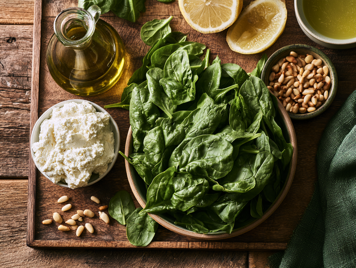 Spinach and Ricotta Salad ingredients flat lay