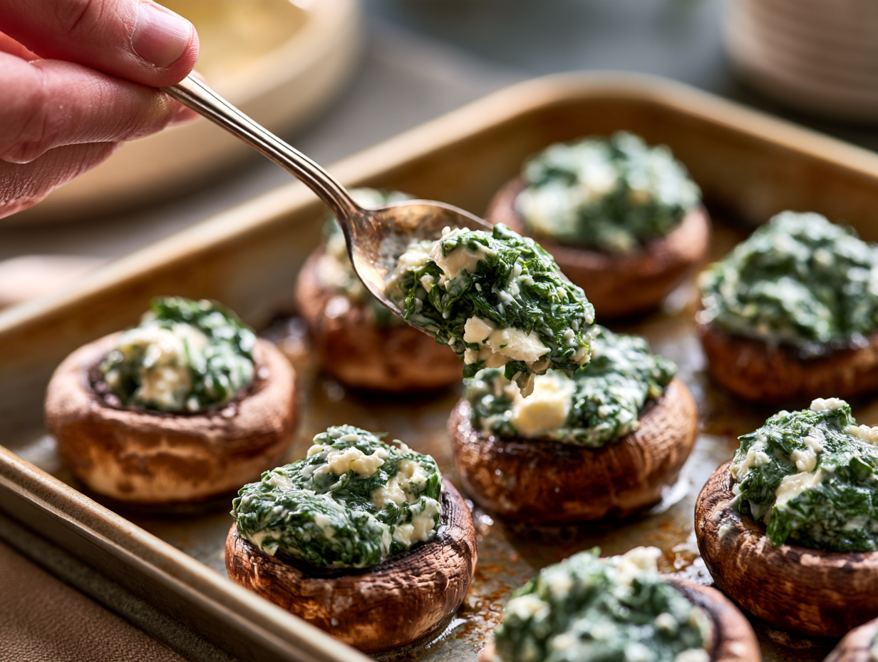 Spinach and Ricotta Stuffed Mushrooms being filled