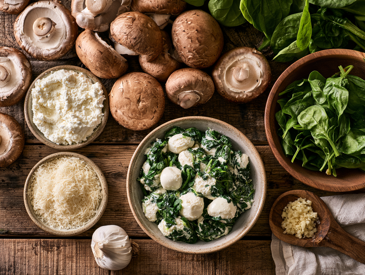 Spinach and Ricotta Stuffed Mushrooms ingredients flat lay