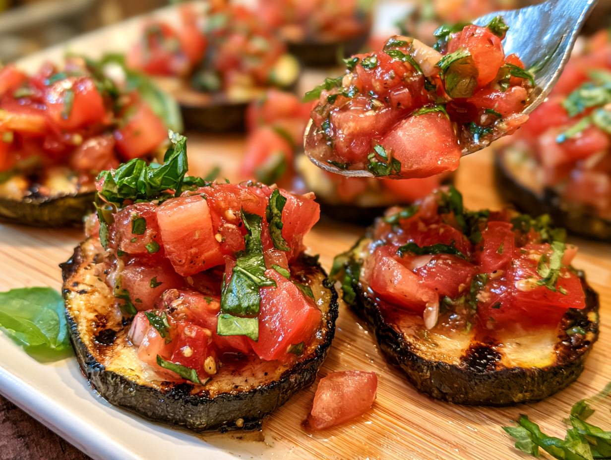 Spooning topping over Keto Bruschetta