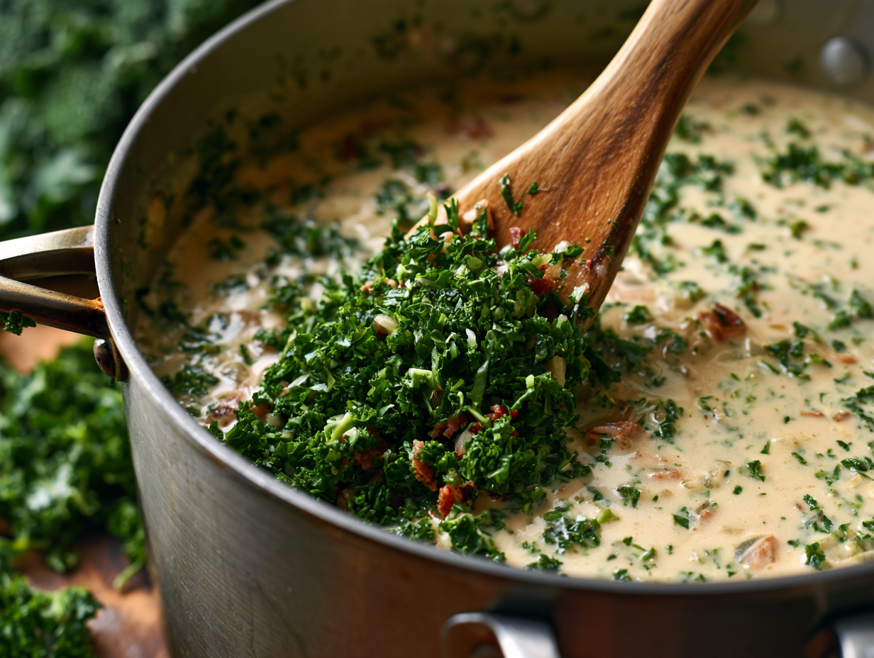 Stirring kale into Zuppa Toscana