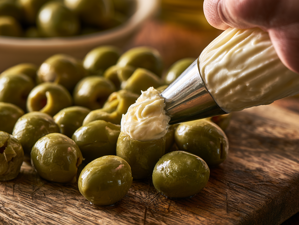 Stuffed Olives being piped