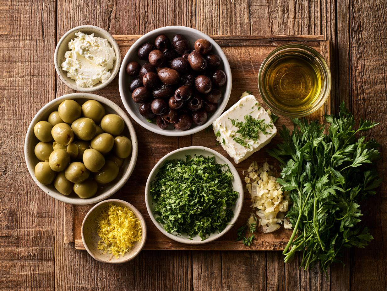 Stuffed Olives ingredients flat lay