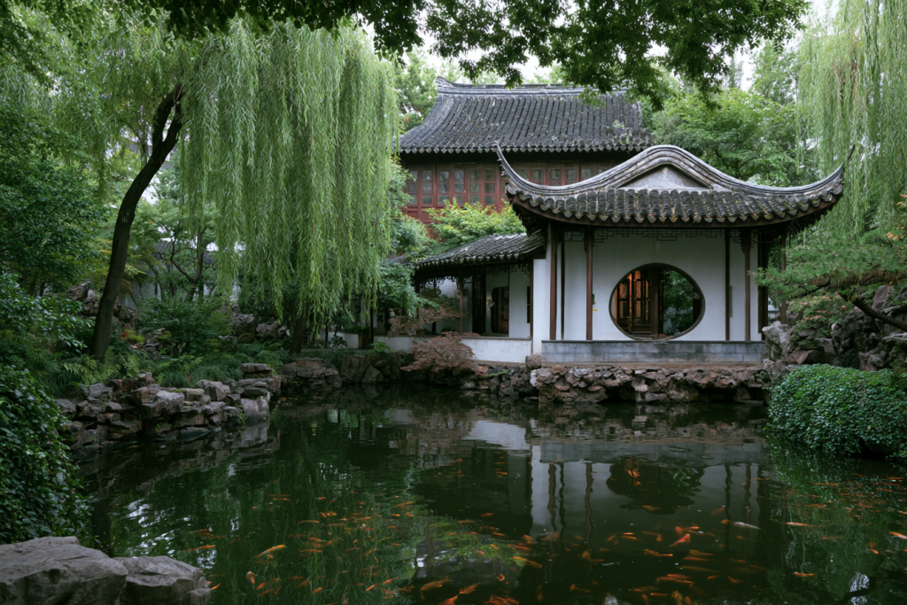 Suzhou classical garden with koi pond