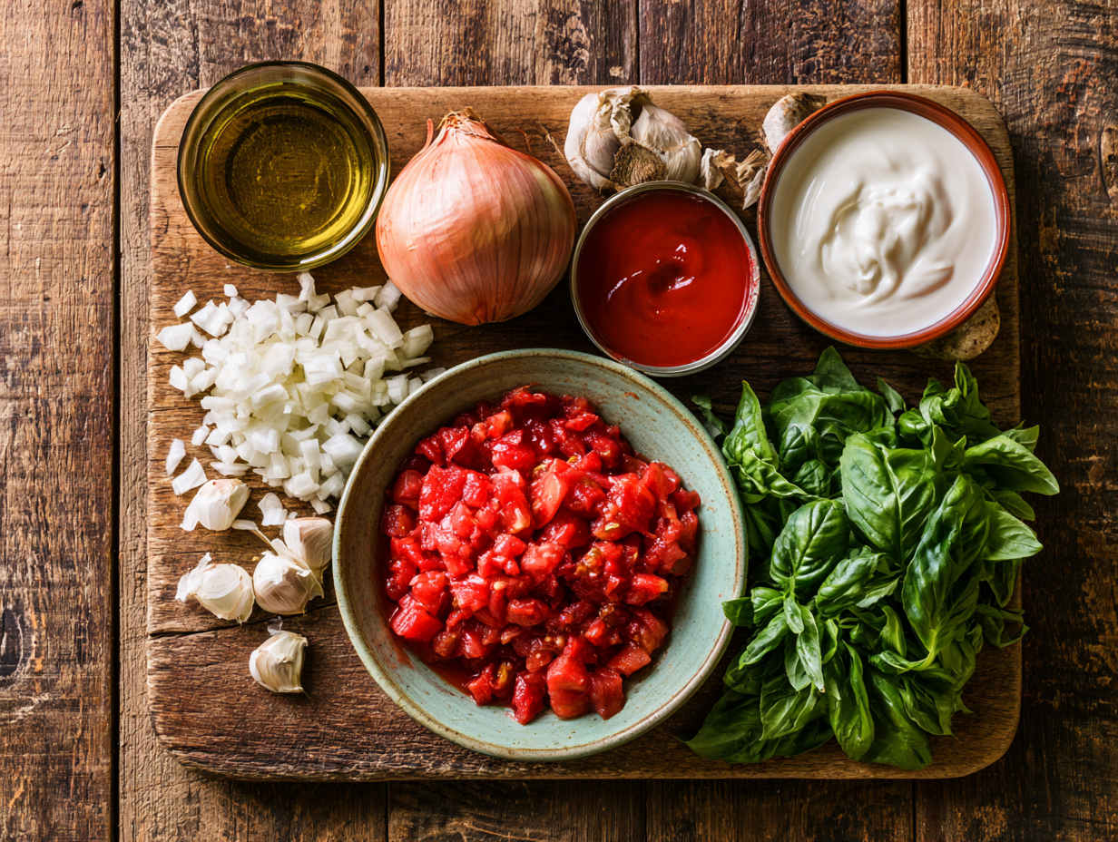 Tomato Basil Soup ingredients flat lay