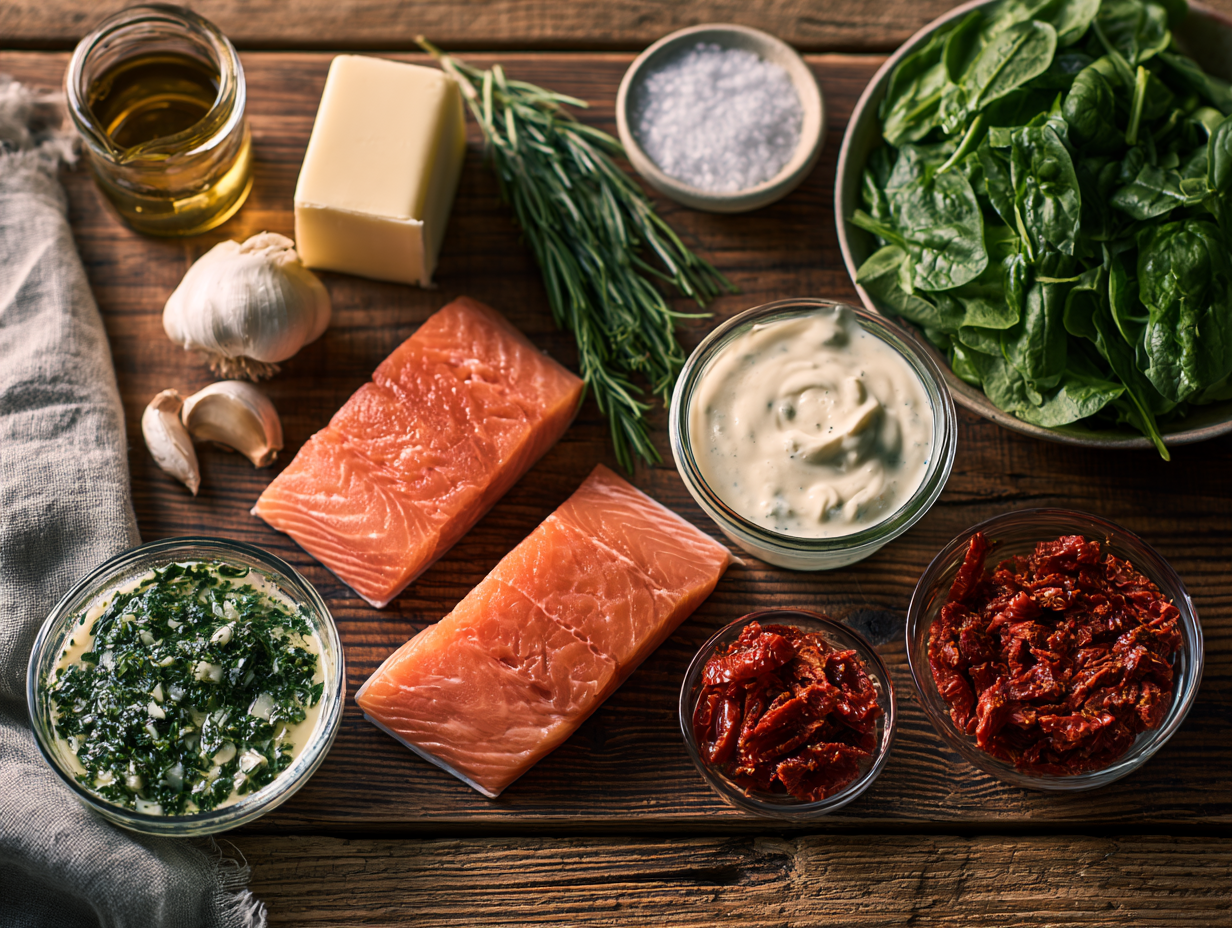 Tuscan Garlic Butter Salmon ingredients flat lay