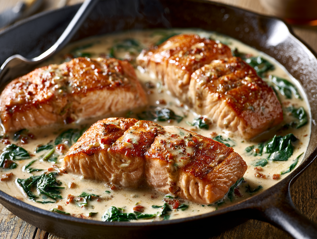 Tuscan Garlic Butter Salmon seared in creamy garlic butter sauce
