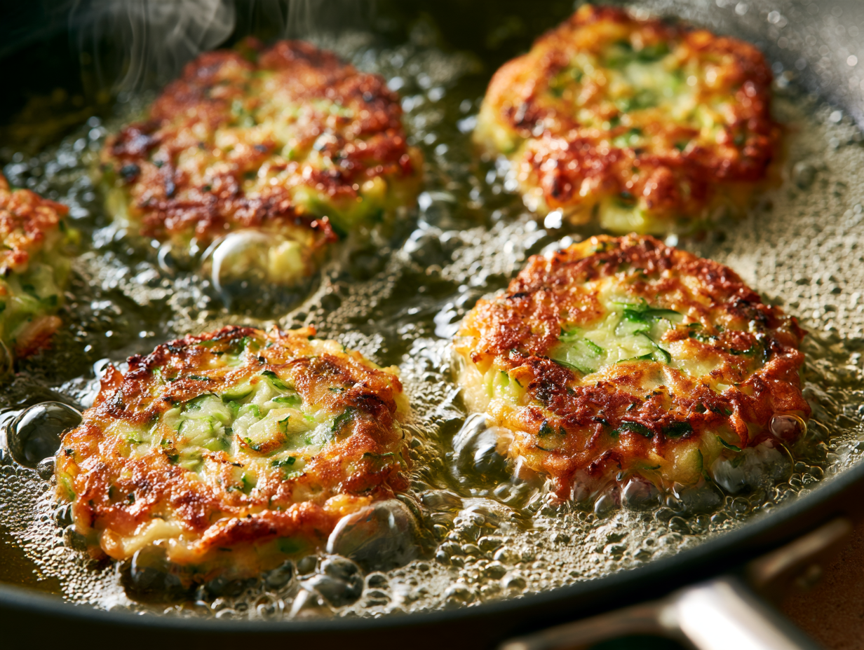 Zucchini Fritters frying in a pan