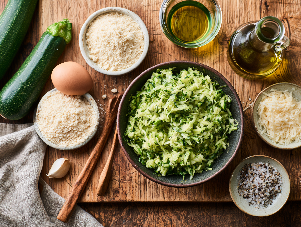 Zucchini Fritters ingredients flat lay