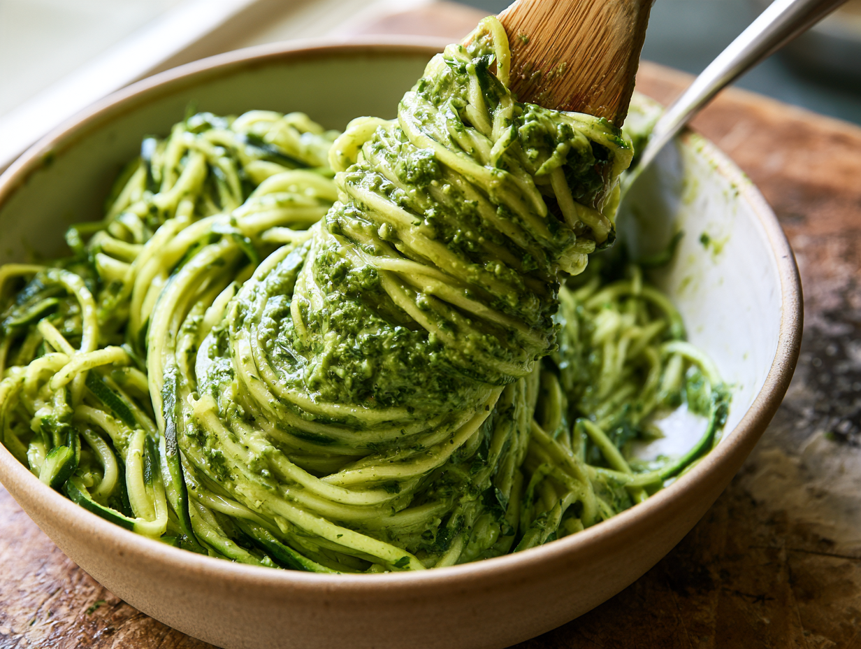 Zucchini Noodle Salad with Pesto being tossed