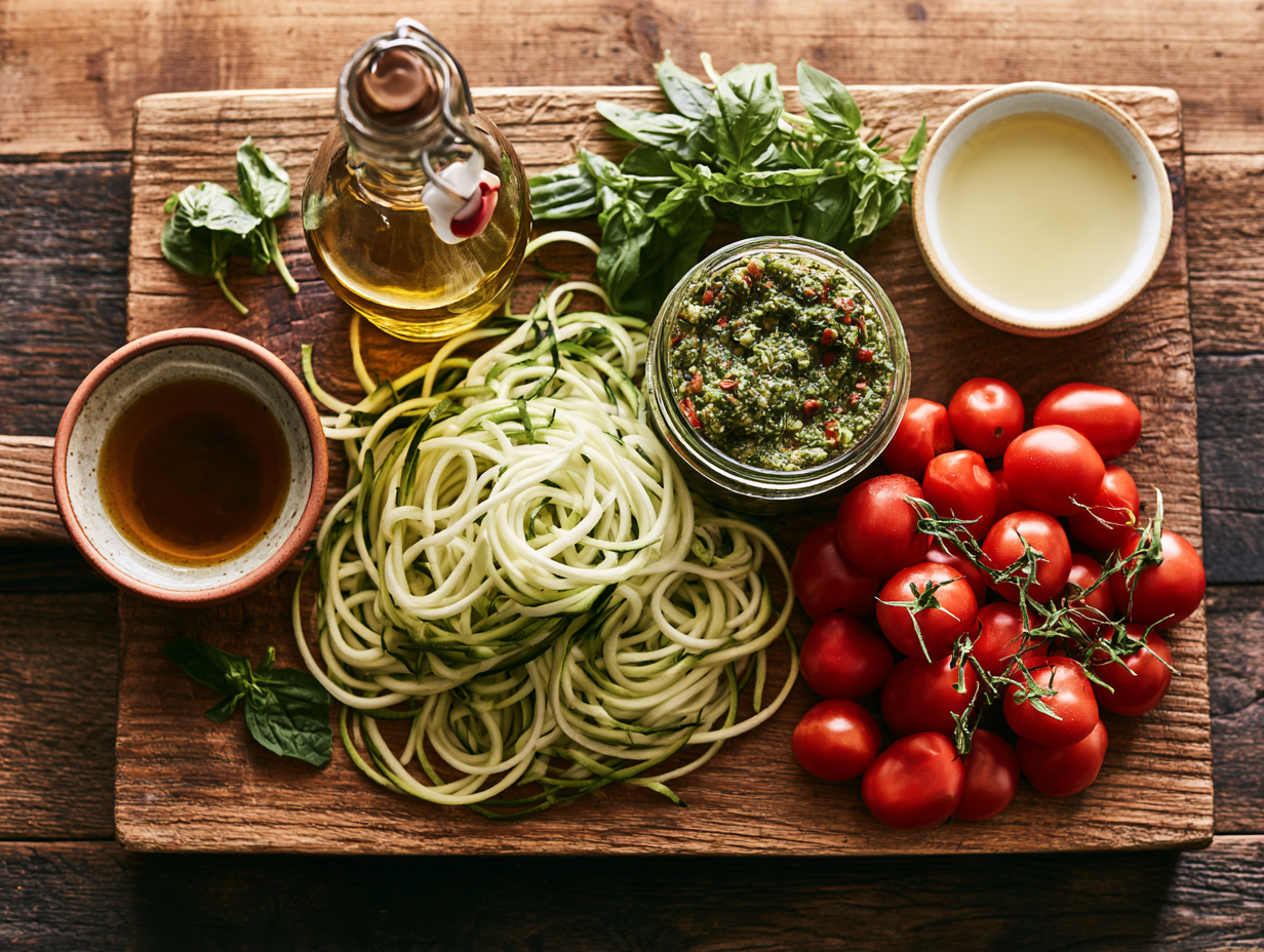 Zucchini Noodle Salad with Pesto ingredients flat lay
