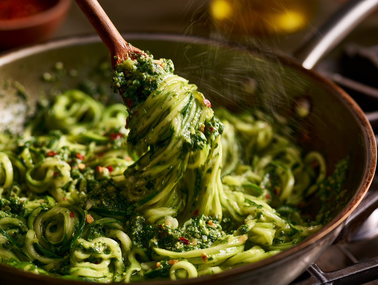 Zucchini Noodles with Pesto being tossed