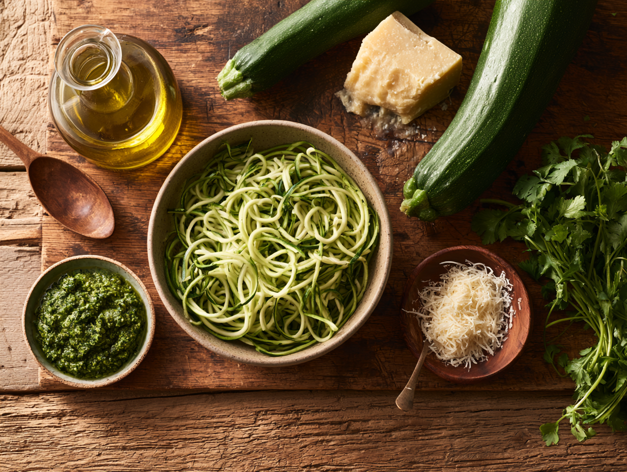 Zucchini Noodles with Pesto ingredients flat lay